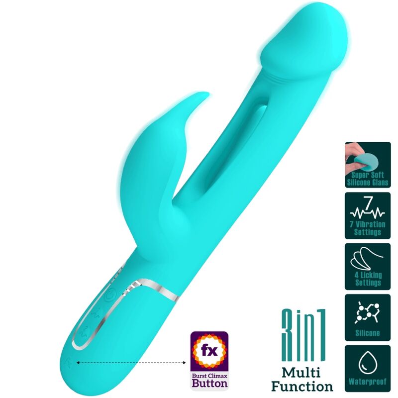 PRETTY LOVE - VIBRADOR COELHO DEJON 3 EM 1 MULTIFUNO AQUA VERDE - Sexshoptuga 