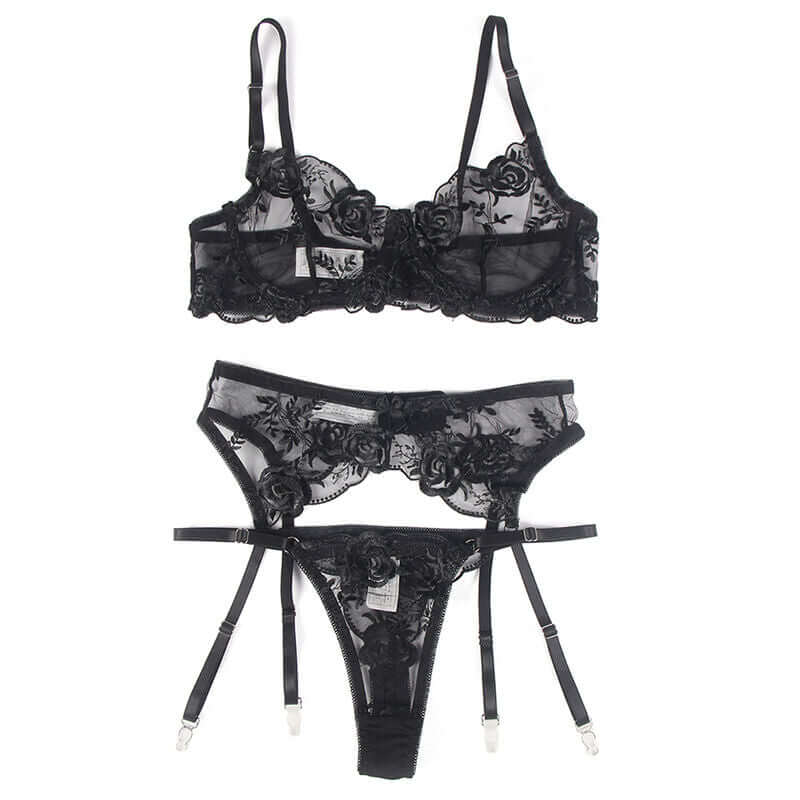 SUBBLIME - CONJUNTO DE 3 PEAS SUTI + TANGA + LIGA ESTAMPADO FLORAL PRETO S/M Sexshoptuga 