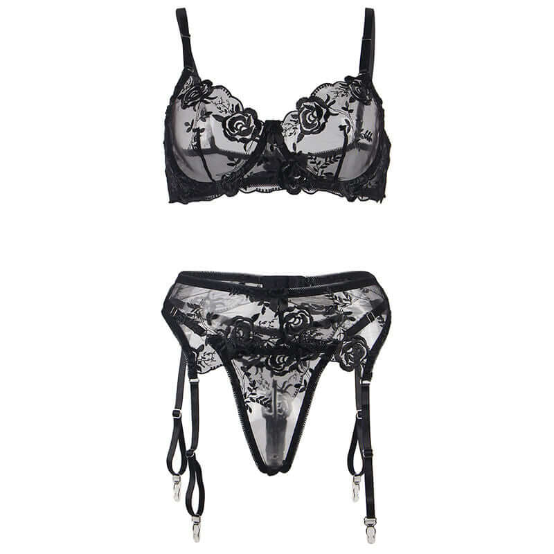 SUBBLIME - CONJUNTO DE 3 PEAS SUTI + TANGA + LIGA ESTAMPADO FLORAL PRETO S/M Sexshoptuga 