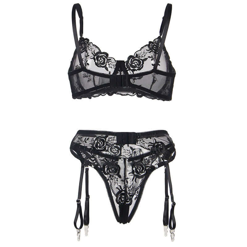 SUBBLIME - CONJUNTO DE 3 PEAS SUTI + TANGA + LIGA ESTAMPADO FLORAL PRETO S/M Sexshoptuga 