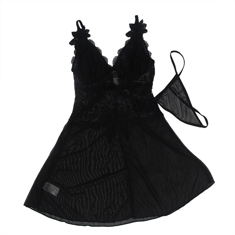 SUBBLIME - BABYDOLL TECIDO DE TULE COM RENDA E DETALHE FLOR PRETO S/M - Sexshoptuga  Sexshoptuga 