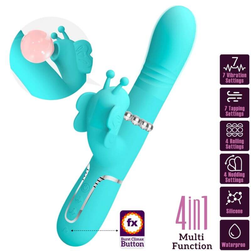 PRETTY LOVE - VIBRADOR COELHO MULTIFUNÇÕES 4 EM 1 BUTTERFLY AQUA VERDE Sexshoptuga 