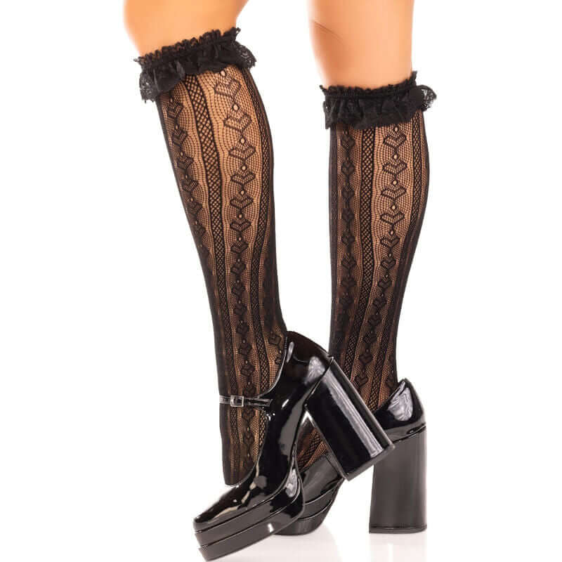 LEG AVENUE - BLACK RUFFLED KNEE-HIGH SOCKS