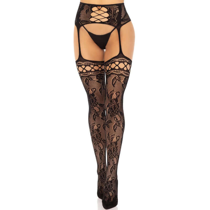 LEG AVENUE - MEIAS DE LIGA DE RENDA FLORAL PRETAS Sexshoptuga 