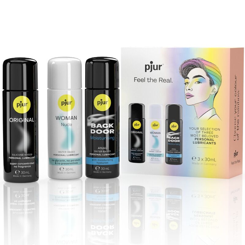 pjur Pride Box with three premium lubricants 30ml each, Original, Woman Nude, and Back Door, featuring colorful packaging. Sexshoptuga 