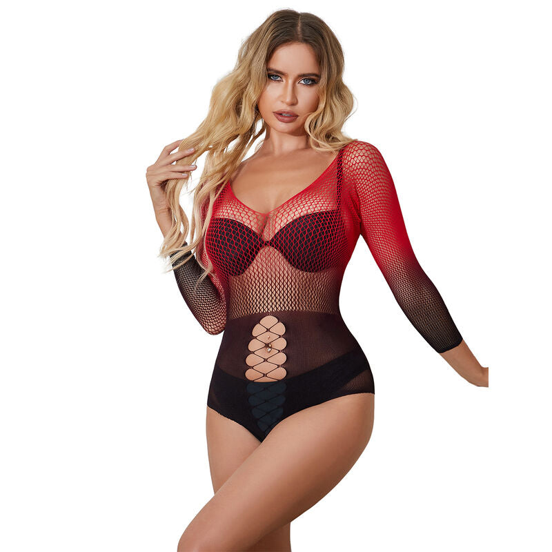 SUBBLIME - 952259 VESTIDO DE REDE ELSTICA DE MANGA LONGA COM DEGRADÊ VERMELHO E PRETO TAMANHO ÚNICO Sexshoptuga 