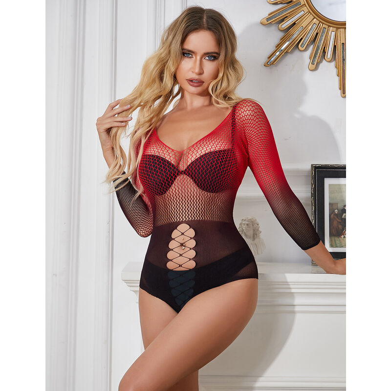 SUBBLIME - 952259 VESTIDO DE REDE ELSTICA DE MANGA LONGA COM DEGRADÊ VERMELHO E PRETO TAMANHO ÚNICO Sexshoptuga 