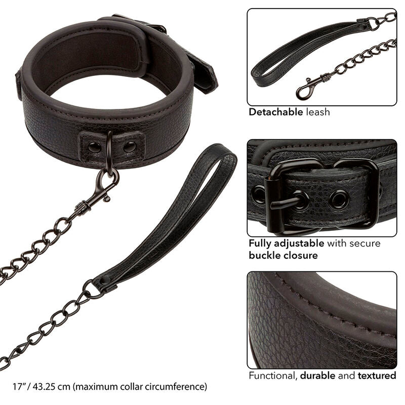 CALEXOTICS - NOCTURNAL ADJUSTABLE LEATHER COLLAR AND LEASH BLACK