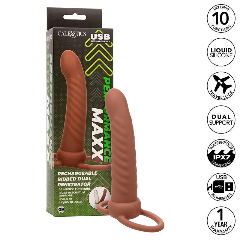 CALEXOTICS - MAXX RIBBED DUAL PENETRATOR 10 VIBRAÇÕES MARROM - Sexshoptuga 