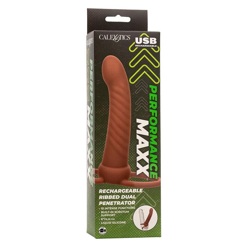 CALEXOTICS - MAXX RIBBED DUAL PENETRATOR 10 VIBRAÇÕES MARROM - Sexshoptuga 