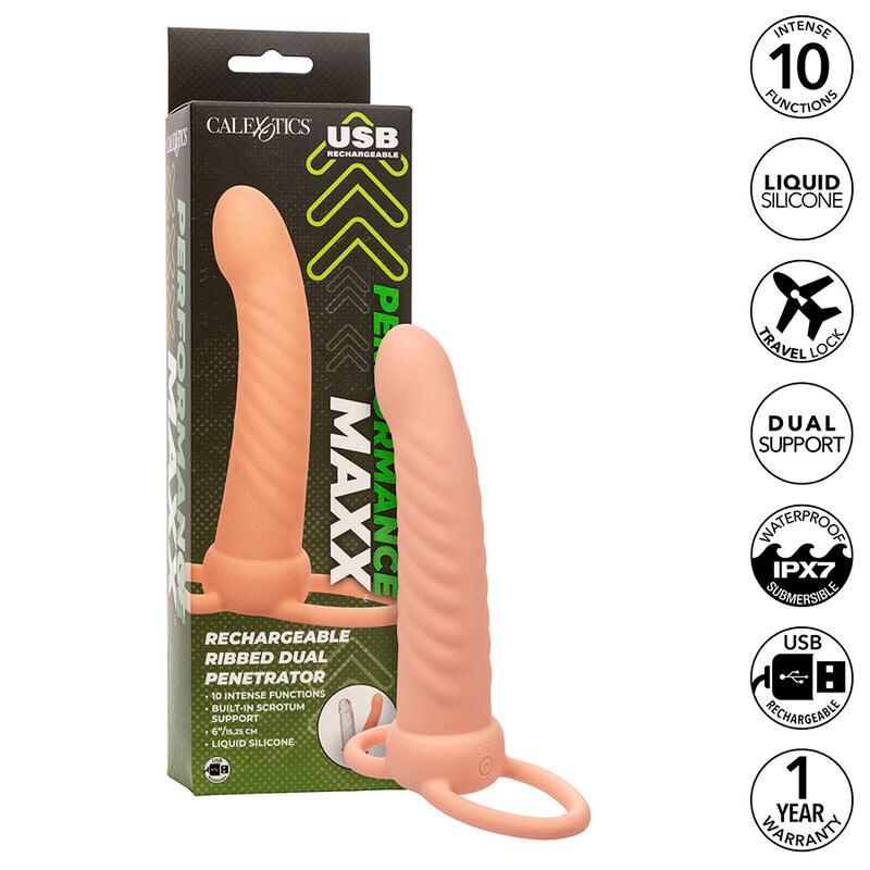 CALEXOTICS - MAXX RIBBED DUAL PENETRATOR 10 VIBRAÇÕES CARNE - Sexshoptuga 