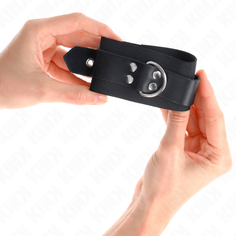 KINK - BLACK NYLON CUFF WRISTBANDS WITH ADJUSTABLE BLACK LEATHER BELT 19-29 CM X 5.1 CM