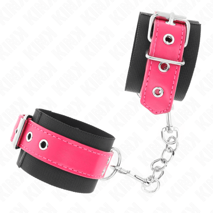 KINK - BLACK NYLON CUFFS WITH ADJUSTABLE RASPBERRY ROSE LEATHER BELT 19-29 CM X 5.1 CM