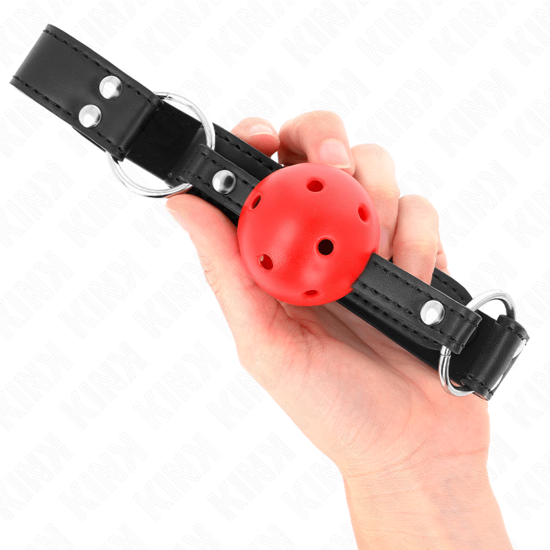 KINK - BOLA RESPIRÁVEL MORDAÇA DE 4 CM COM REBITE DUPLO COURO 62,5 x 2,5 CM AJUSTÁVEL 42-58 CM Sexshoptuga 