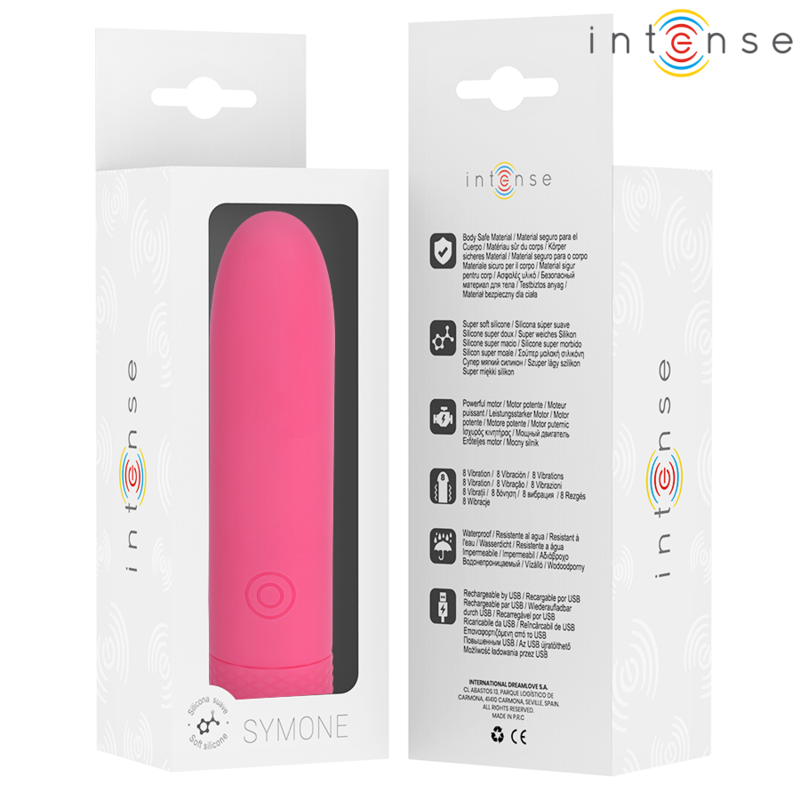 INTENSE - SYMONE  USB RECARREGÁVEL VIBRATÓRIA BULLET 8 VIBRAÇÕES ROSA 10 X 2,2 CM Sexshoptuga 