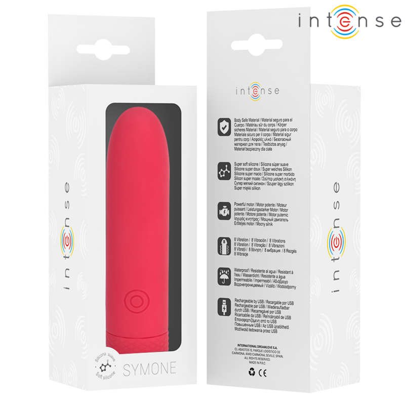 INTENSE - SYMONE USB RECARREGÁVEL VIBRATÓRIA BULLET 8 VIBRAÇÕES VERMELHO 10 X 2,2 CM Sexshoptuga 