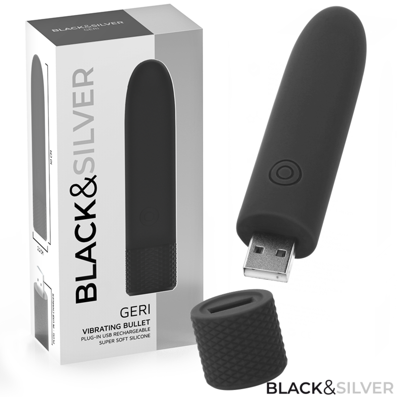 BLACK & SILVER - GERI USB RECARREGÁVEL VIBRATÓRIA BULLET 8 VIBRAÇÕES PRETO 10 X 2,2 CM Sexshoptuga 