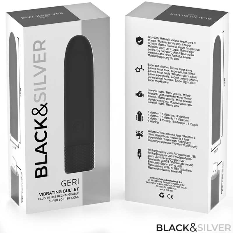 BLACK & SILVER - GERI USB RECARREGÁVEL VIBRATÓRIA BULLET 8 VIBRAÇÕES PRETO 10 X 2,2 CM Sexshoptuga 