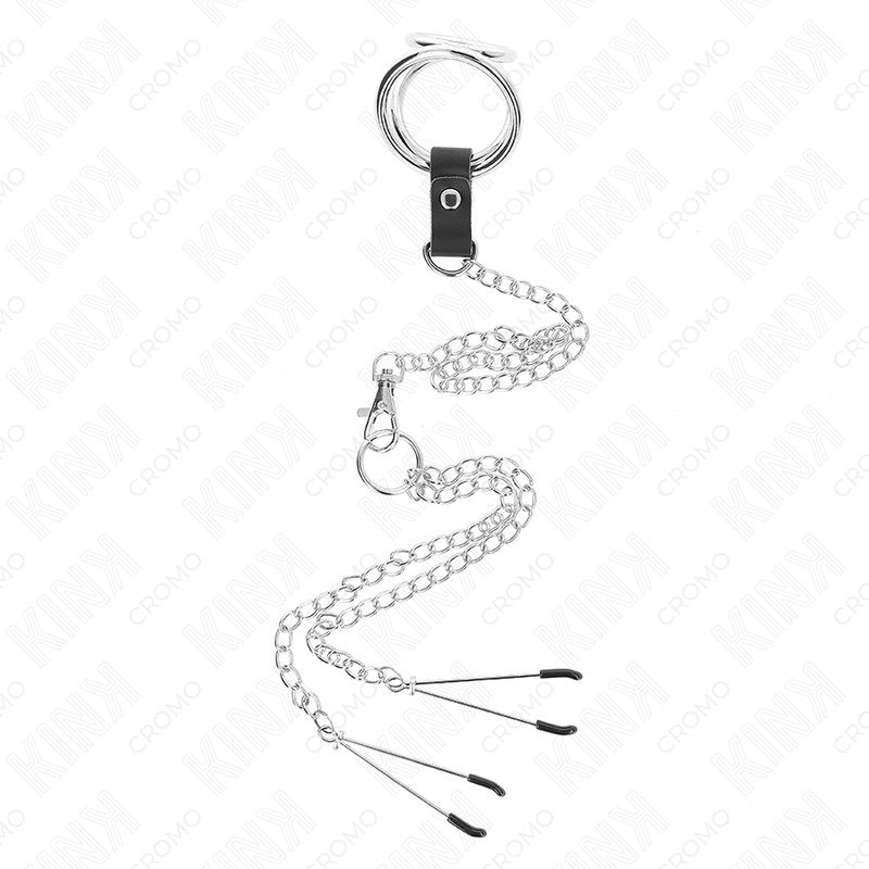 KINK - ANEL DE PÊNIS DE METAL TRIPLO CROMADO DE 3 CM A 4,5 CM COM CORRENTE DE METAL DE 26 CM E CLIPES DE MAMILO Sexshoptuga 