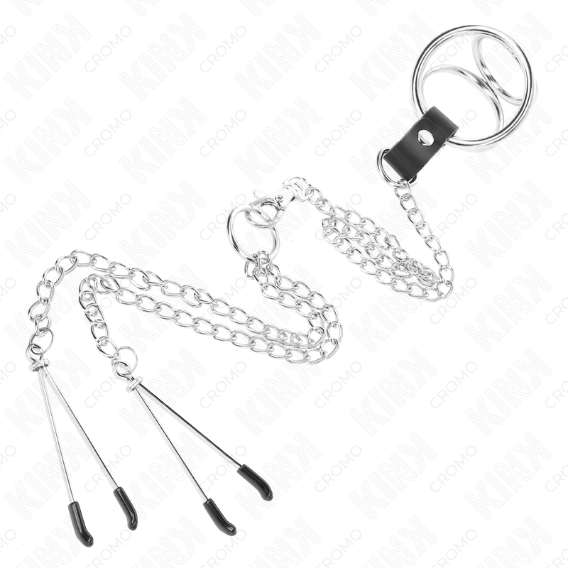 KINK - ANEL DE PÊNIS DE METAL TRIPLO CROMADO DE 3 CM A 4,5 CM COM CORRENTE DE METAL DE 26 CM E CLIPES DE MAMILO Sexshoptuga 