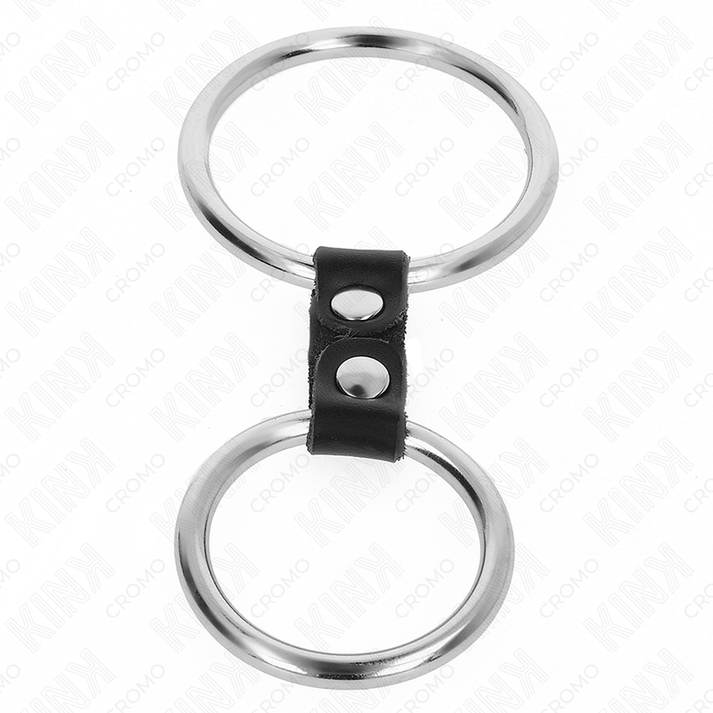 KINK - ANEL DE PÊNIS DUPLO DE METAL 3,7 CM A 5 CM CONECTADO POR TIRA DE COURO MODELO 2 Sexshoptuga 