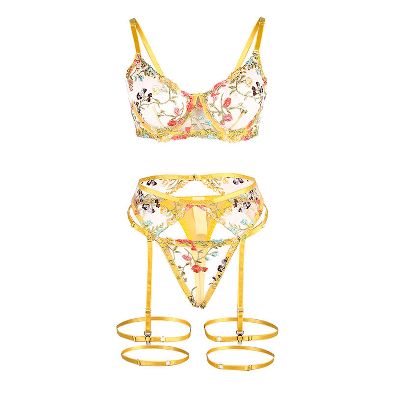 SUBBLIME - 954352 SUTIÃ + TANGA + CINTO-LIGA DESIGN FLORAL AMARELO L/XL Sexshoptuga 