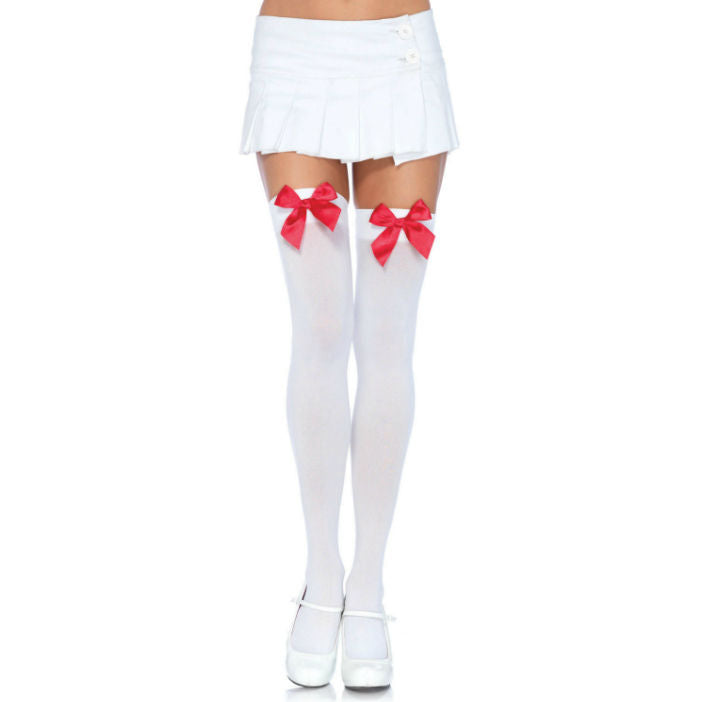 LEG AVENUE - COXAS EM NYLON COM LAO BRANCO / VERMELHO - Sexshoptuga  Sexshoptuga 