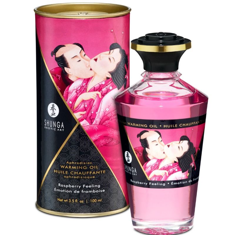 SHUNGA - ÓLEO DE MASSAGEM EFEITO CALOR SABOR INTENSO DE FRAMBOESA 100 ML - Sexshoptuga 