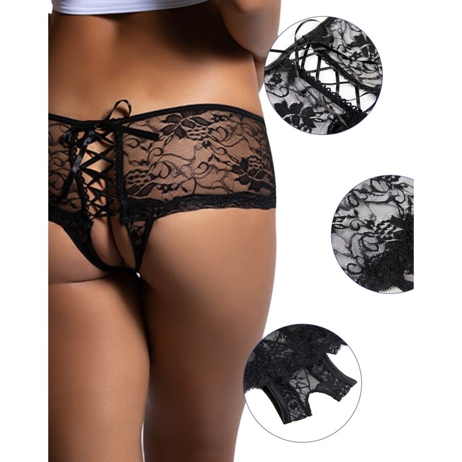 QUEEN LINGERIE - CALCINHA DE RENDA FLORAL COM ABERTURA NAS COSTAS S/M - Sexshoptuga  Sexshoptuga 