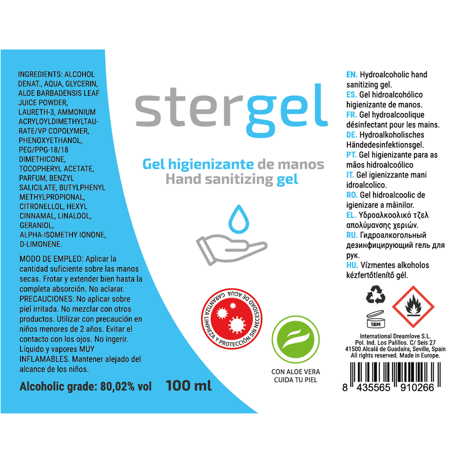 STERGEL - GEL HIDROALCOÓLICO DESINFETANTE DE MÃOS ALOE VERA 100ML - Sexshoptuga  Sexshoptuga 