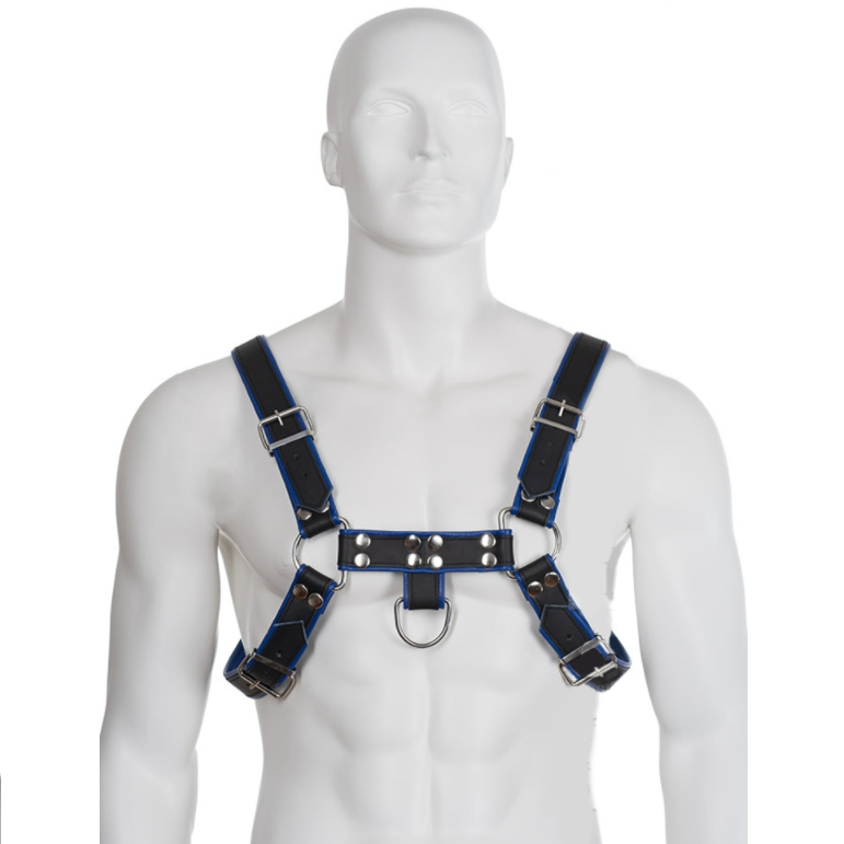 LEATHER BODY - PEITO BULDOGUE CHICOTE DE COURO PRETO / AZUL - Sexshoptuga  Sexshoptuga 