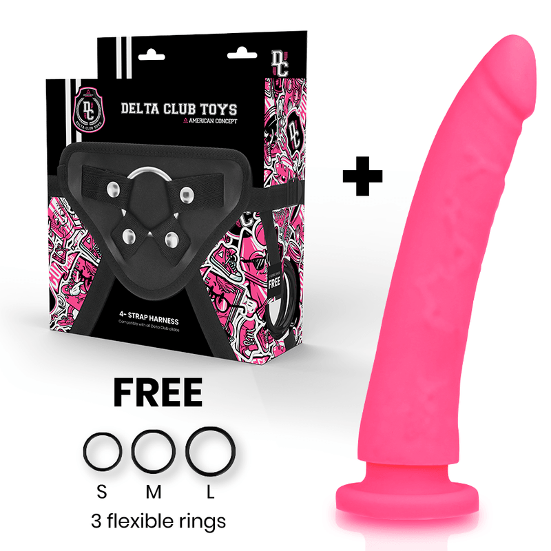 DELTA CLUB - ARNÊS BRINQUEDOS + DONG ROSA SILICONE 23 CM -O- 4.5 CM - Sexshoptuga 