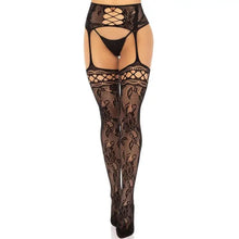 LEG AVENUE - MEIAS DE LIGA DE RENDA FLORAL PRETAS - Sexshoptuga  Sexshoptuga 