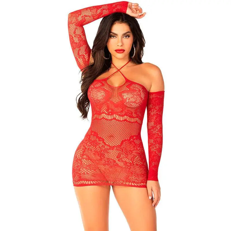 LEG AVENUE - MINI VESTIDO DE MALHA MANGA COMPRIDA OMBRO A OMBRO VERMELHO - Sexshoptuga 