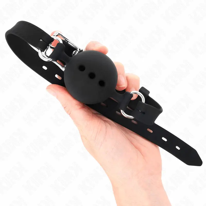 KINK - MORDAÇA COMPLETA DE SILICONE 55 x 2 CM COM BOLA DE 4,5 CM TAMANHO M PRETO AJUSTÁVEL 35-51 CM - Sexshoptuga 