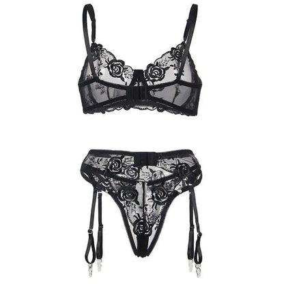 SUBBLIME - CONJUNTO DE 3 PEAS SUTI + TANGA + LIGA ESTAMPADO FLORAL PRETO S/M - Sexshoptuga 