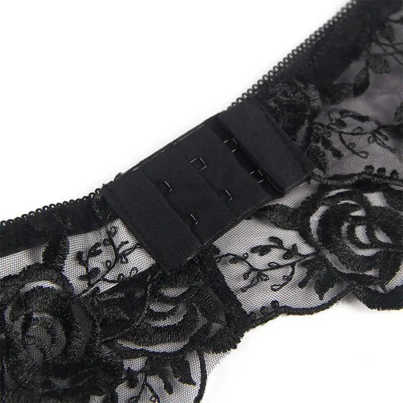 SUBBLIME - CONJUNTO DE 3 PEAS SUTI + TANGA + LIGA ESTAMPADO FLORAL PRETO S/M - Sexshoptuga 