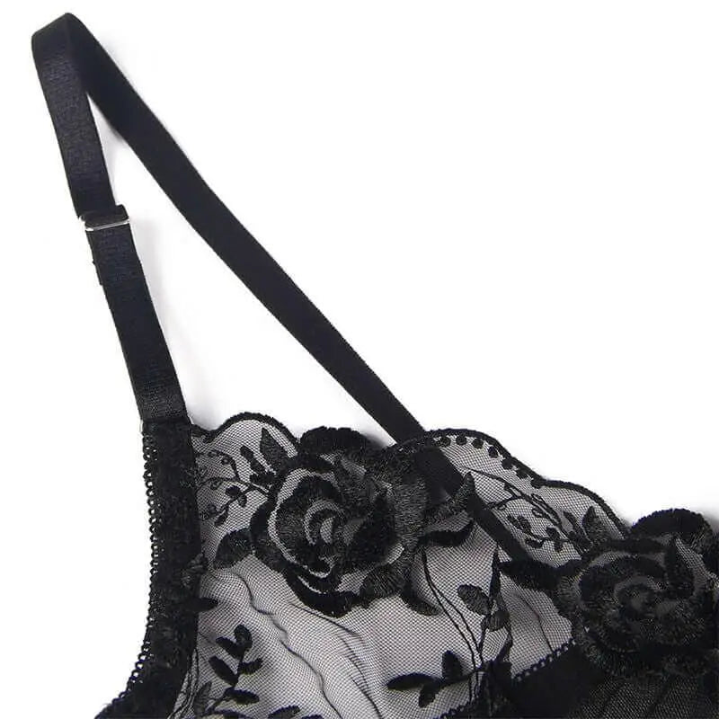 SUBBLIME - CONJUNTO DE 3 PEAS SUTI + TANGA + LIGA ESTAMPADO FLORAL PRETO S/M - Sexshoptuga 