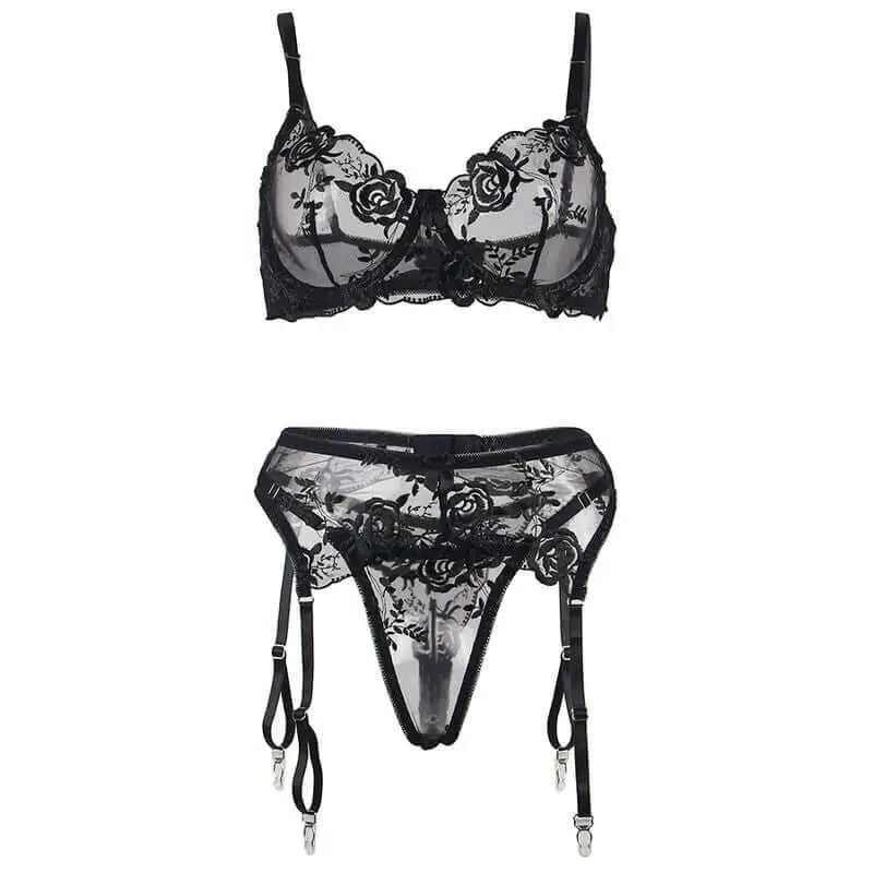 SUBBLIME - CONJUNTO DE 3 PEAS SUTI + TANGA + LIGA ESTAMPADO FLORAL PRETO S/M - Sexshoptuga 