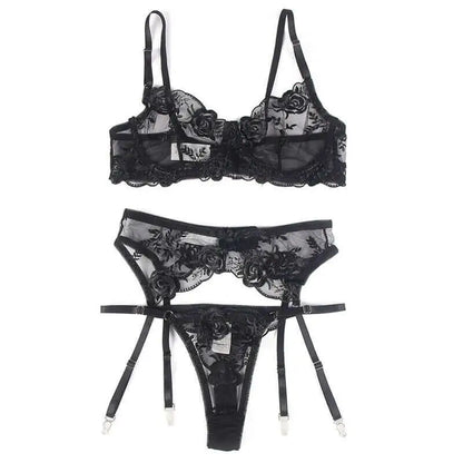 SUBBLIME - CONJUNTO DE 3 PEAS SUTI + TANGA + LIGA ESTAMPADO FLORAL PRETO S/M - Sexshoptuga 