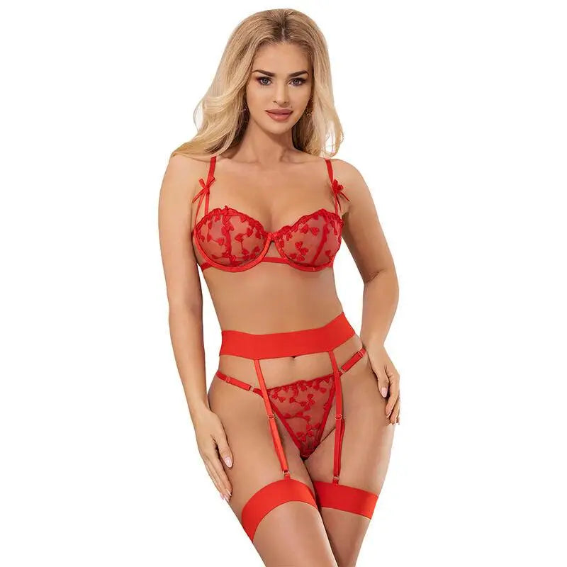 SUBBLIME - 954338 SUTIÃ COM ESTAMPA DE CORAÇÃO + TANGA + CINTO-LIGA VERMELHO L/XL - Sexshoptuga 