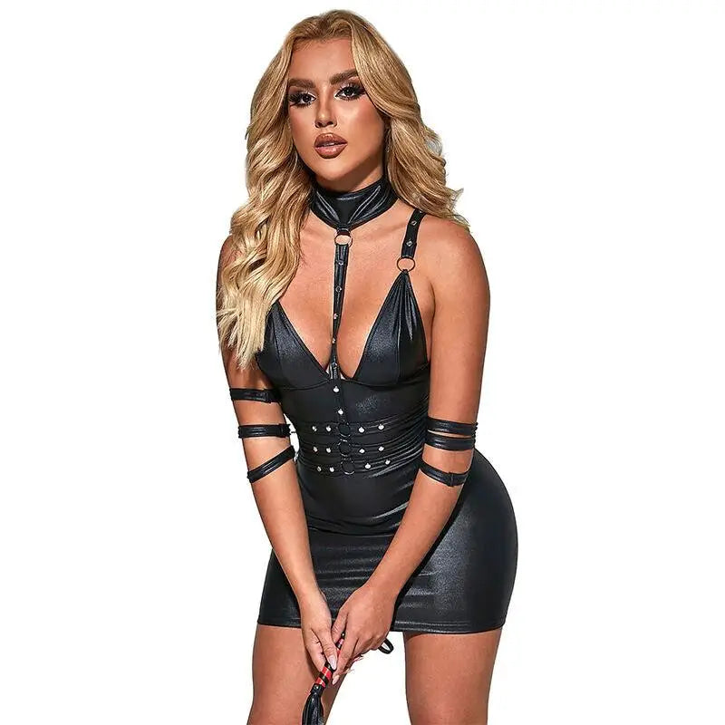 SUBBLIME - 954406 VESTIDO BONDAGE DE COURO PRETO S/M - Sexshoptuga 