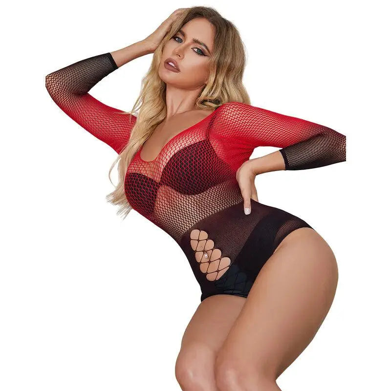 SUBBLIME - 952259 VESTIDO DE REDE ELSTICA DE MANGA LONGA COM DEGRADÊ VERMELHO E PRETO TAMANHO ÚNICO - Sexshoptuga 