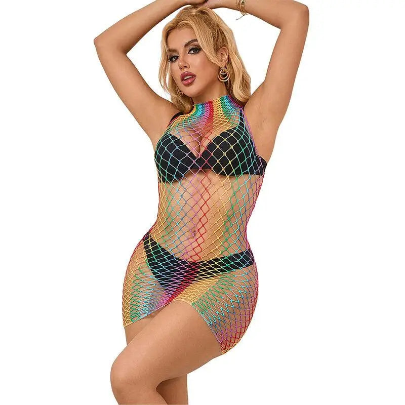 SUBBLIME - 952433 RAINBOW GOLA ALTA SEM MANGAS FISHNET VESTIDO TAMANHO ÚNICO - Sexshoptuga 