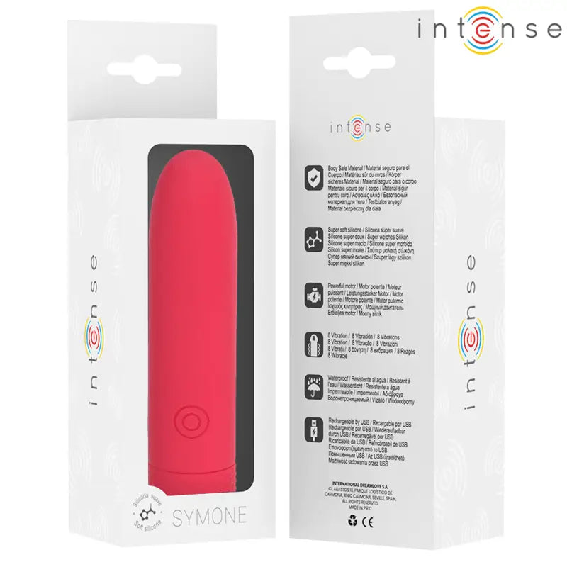 INTENSE - SYMONE USB RECARREGÁVEL VIBRATÓRIA BULLET 8 VIBRAÇÕES VERMELHO 10 X 2,2 CM - Sexshoptuga 